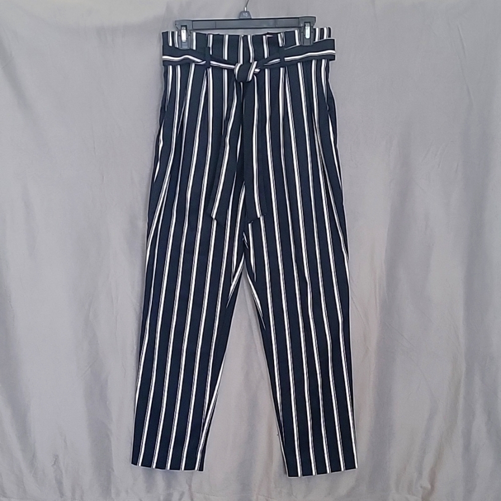 H&M Pinstripe Black and White Trousers,with pockets and tie waist, Size 6